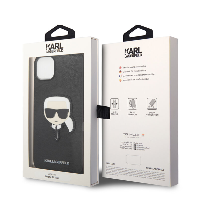 Husa originala iPhone 14 Plus Karl Lagerfeld Saffiano, Karl`s Head, negru, KLHCP14MSAPKHK