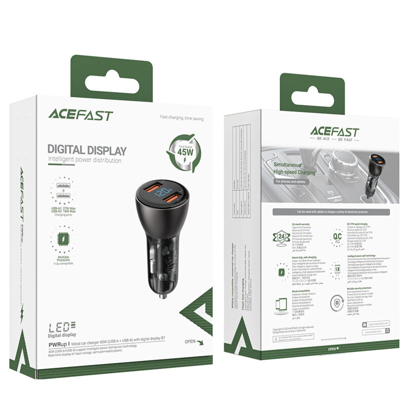 Incarcator masina USB 45W, Acefast B7, display digital LED