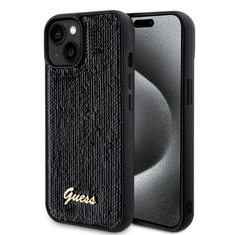 Husa originala Guess iPhone 15 Sequin Script Metal, negru, GUHCP15SPSFDGSK