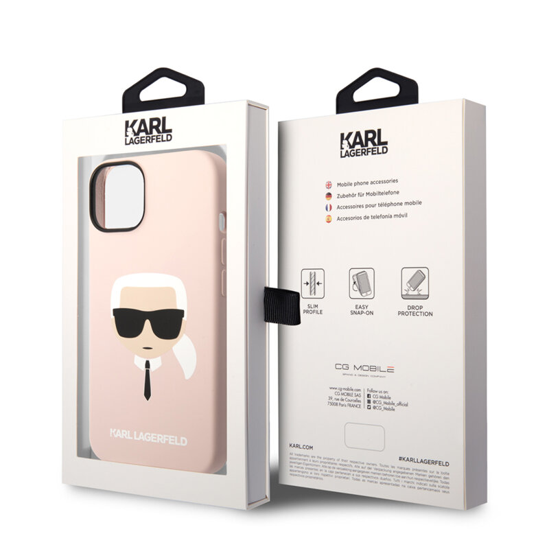 Husa Karl Lagerfeld iPhone 14 Plus Silicone, Karl`s Head, roz, KLHCP14MSLKHLP