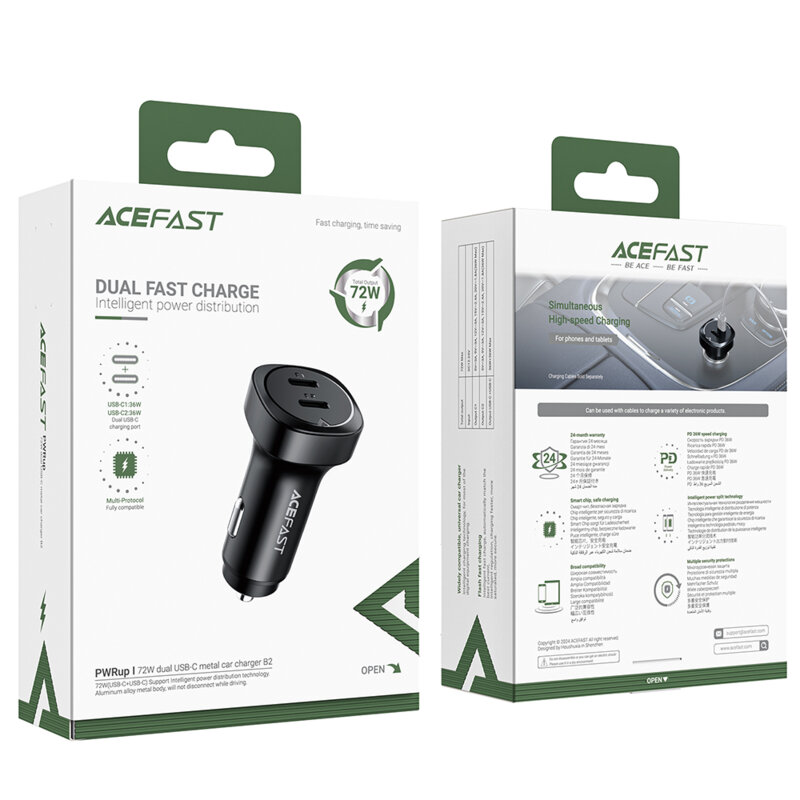 Incarcator auto bricheta 2x Type C, Acefast B2, PD72W, negru