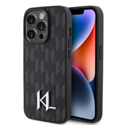 Husa iPhone 15 Pro Max Karl Lagerfeld Hardcase Leather Monogram, Hot Stamp Metal Logo, negru, KLHCP15XPKLPKLK
