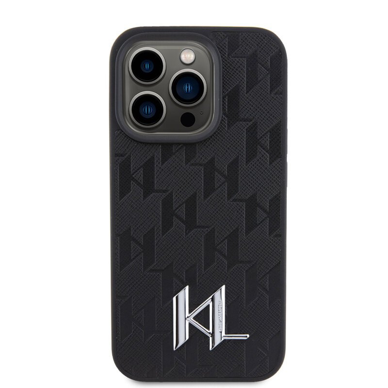 Husa iPhone 15 Pro Max Karl Lagerfeld Hardcase Leather Monogram, Hot Stamp Metal Logo, negru, KLHCP15XPKLPKLK