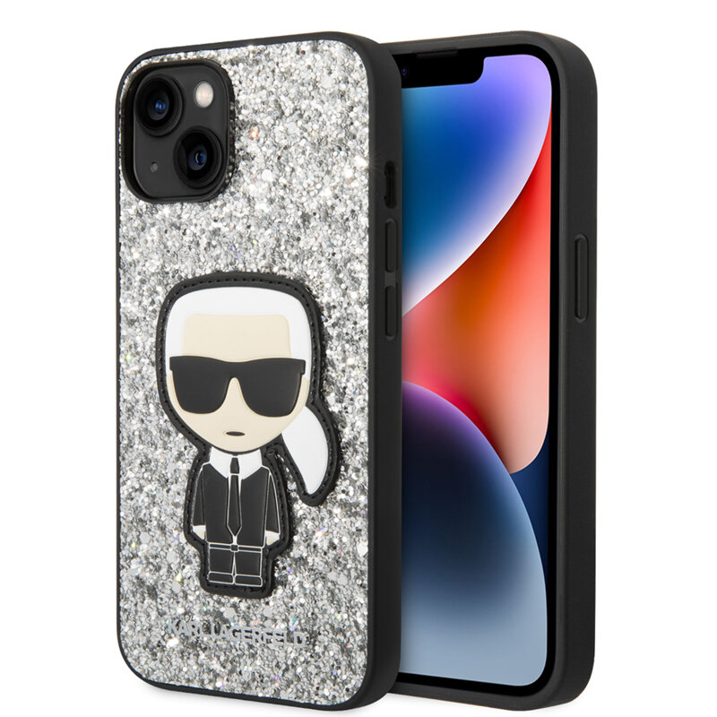 Husa Karl Lagerfeld iPhone 14 Hardcase Glitter, Flakes Ikonik, argintiu, KLHCP14SGFKPG