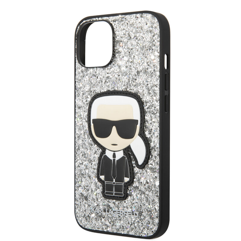 Husa Karl Lagerfeld iPhone 14 Hardcase Glitter, Flakes Ikonik, argintiu, KLHCP14SGFKPG