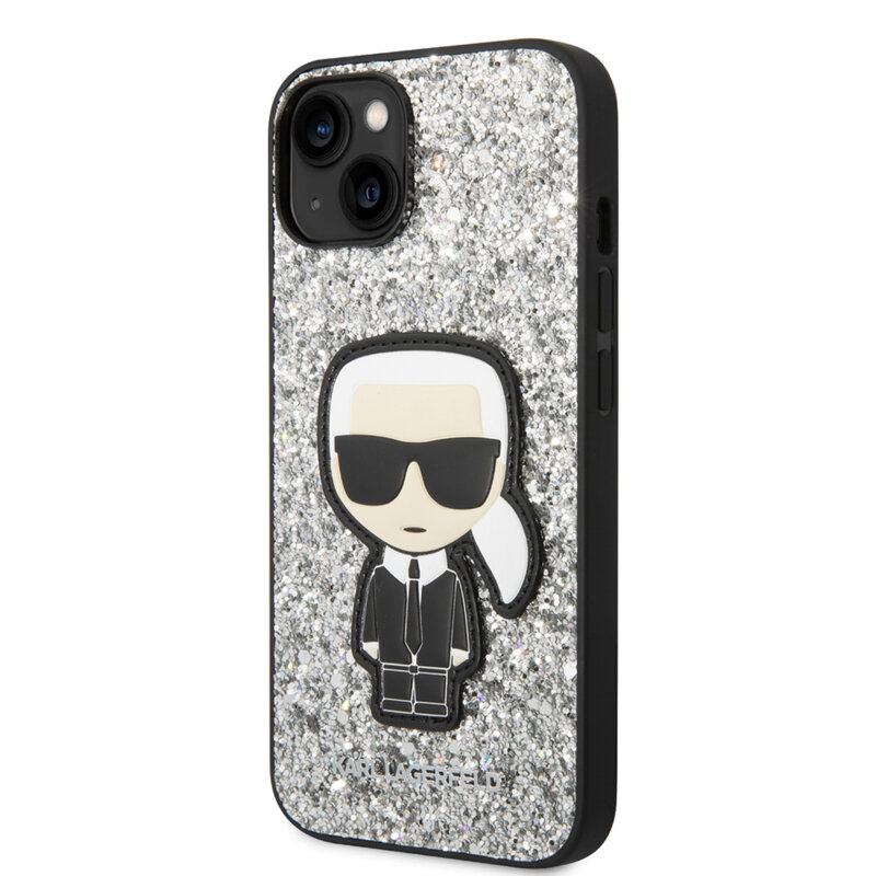 Husa Karl Lagerfeld iPhone 14 Hardcase Glitter, Flakes Ikonik, argintiu, KLHCP14SGFKPG