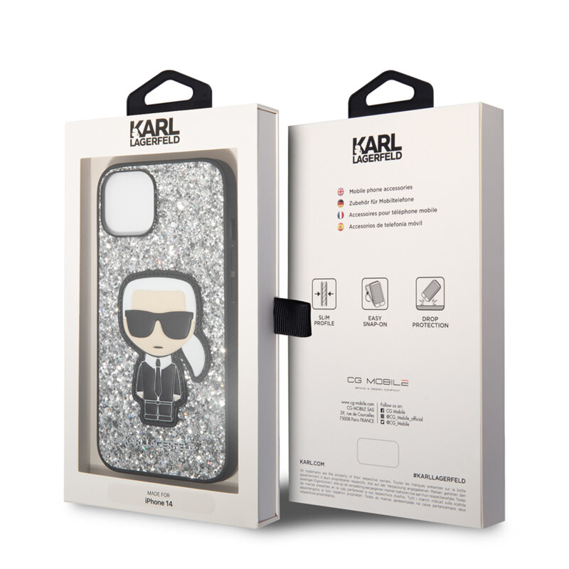 Husa Karl Lagerfeld iPhone 14 Hardcase Glitter, Flakes Ikonik, argintiu, KLHCP14SGFKPG