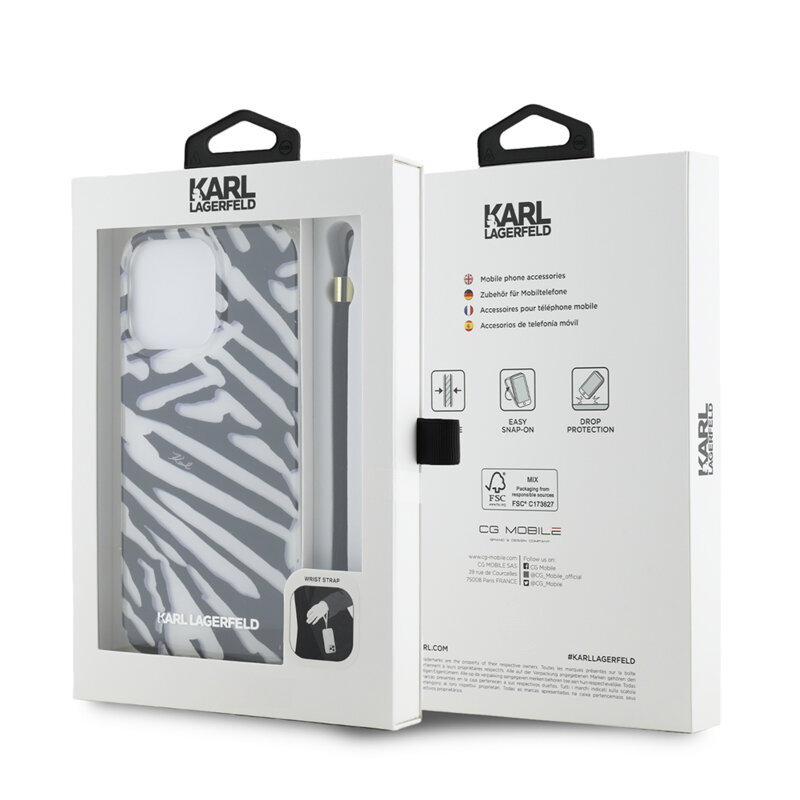Husa iPhone 15 Pro Max Karl Lagerfeld IML Luxury, Zebra Pattern&Cord, negru, KLHCP15XHZBPKCCK