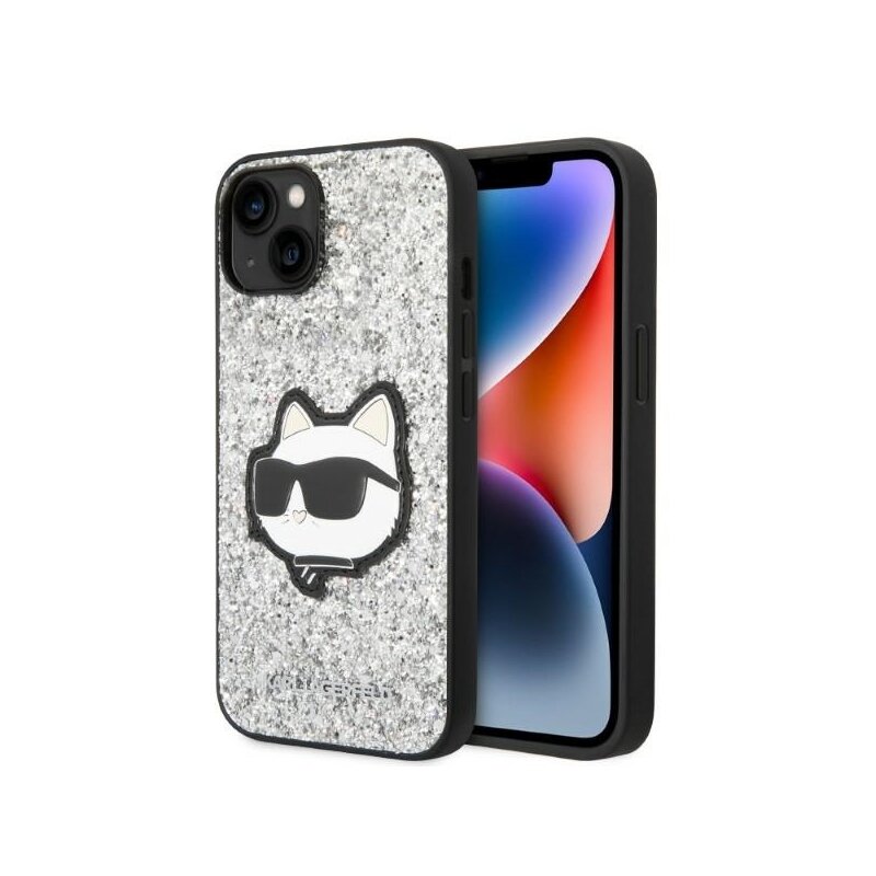 Husa Karl Lagerfeld iPhone 14 Plus Hardcase Glitter, Choupette Patch, argintiu, KLHCP14MG2CPS
