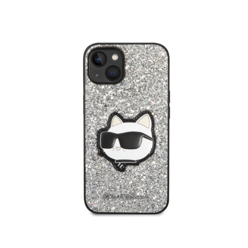 Husa Karl Lagerfeld iPhone 14 Plus Hardcase Glitter, Choupette Patch, argintiu, KLHCP14MG2CPS