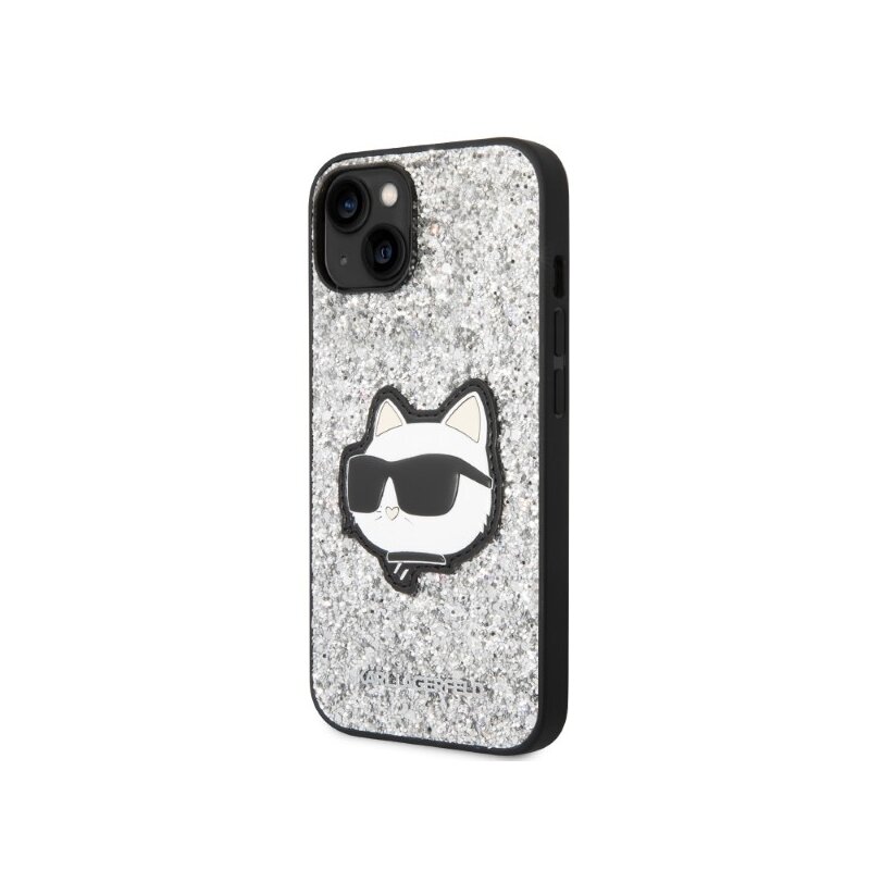 Husa Karl Lagerfeld iPhone 14 Plus Hardcase Glitter, Choupette Patch, argintiu, KLHCP14MG2CPS