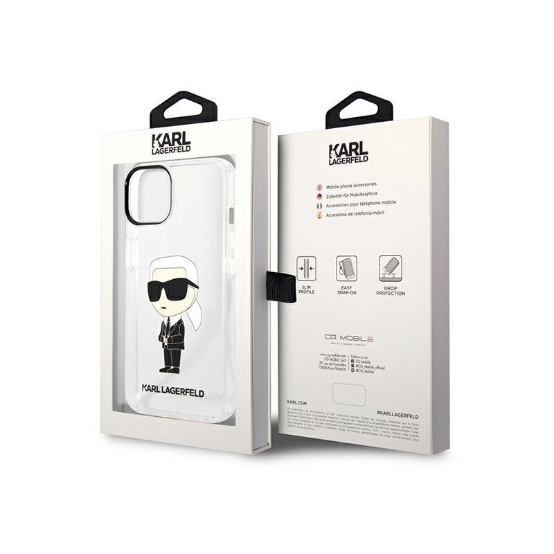 Husa iPhone 14 Plus Karl Lagerfeld Hardcase, Ikonik Karl Lagerfeld, transparenta, KLHCP14MHNIKTCT