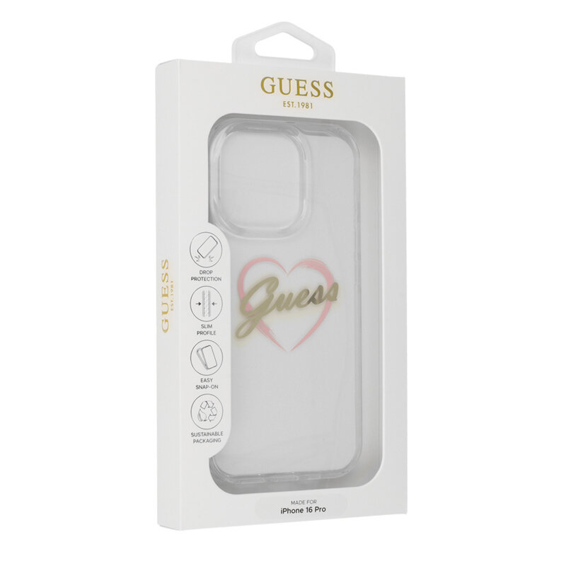 Husa Guess Hardcase IML Heart iPhone 16 Pro Max, transparenta, GUHCP16XHCHGSPT