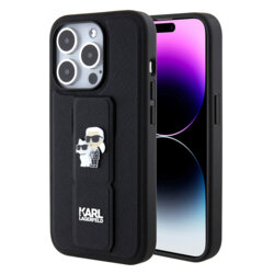 Husa originala iPhone 15 Pro Max Karl Lagerfeld Saffiano Gripstand, Karl&Choupette, negru, KLHCP15XGSAKCPK