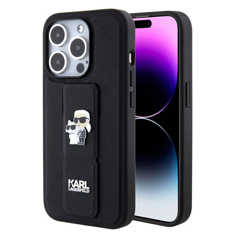 Husa originala iPhone 15 Pro Max Karl Lagerfeld Saffiano Gripstand, Karl&Choupette, negru, KLHCP15XGSAKCPK
