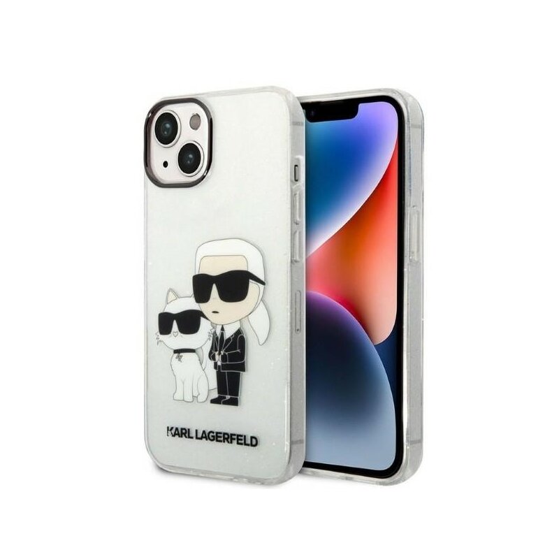 Husa Karl Lagerfeld iPhone 14 Plus Hardcase Glitter, Karl&Choupette, transparenta, KLHCP14MHNKCTGT