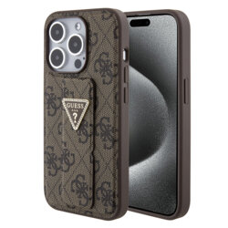 Husa iPhone 15 Pro originala Guess Grip Stand 4G Triangle Strass, maro, GUHCP15LPGS4TDW
