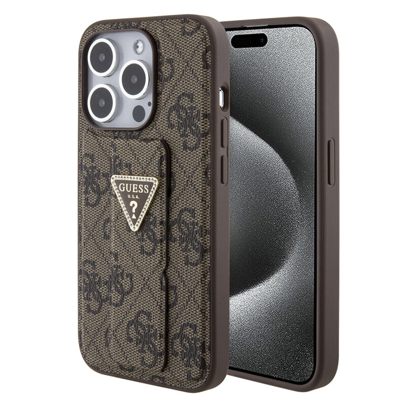 Husa iPhone 15 Pro originala Guess Grip Stand 4G Triangle Strass, maro, GUHCP15LPGS4TDW