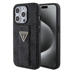 Husa iPhone 15 Pro Max originala Guess Grip Stand 4G Triangle Strass, negru, GUHCP15XPGS4TDK