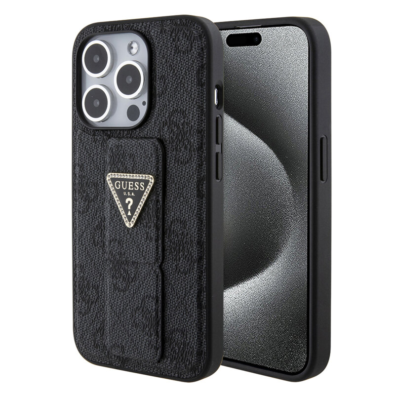 Husa iPhone 15 Pro Max originala Guess Grip Stand 4G Triangle Strass, negru, GUHCP15XPGS4TDK