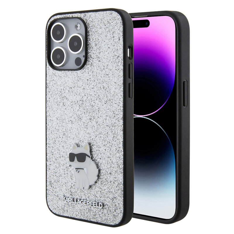 Husa Karl Lagerfeld iPhone 15 Pro Max Hardcase Glitter Fixed, Choupette Logo, argintiu, KLHCP15XGCNPSG