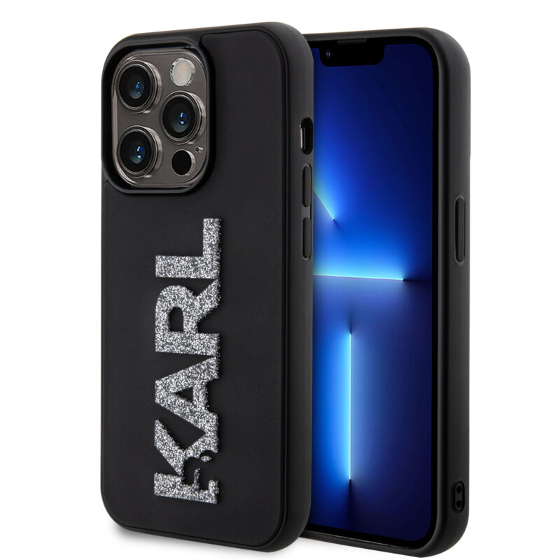 Husa originala iPhone 15 Pro Max Karl Lagerfeld 3D Design, Rubber Glitter Logo, negru, KLHCP15X3DMBKCK