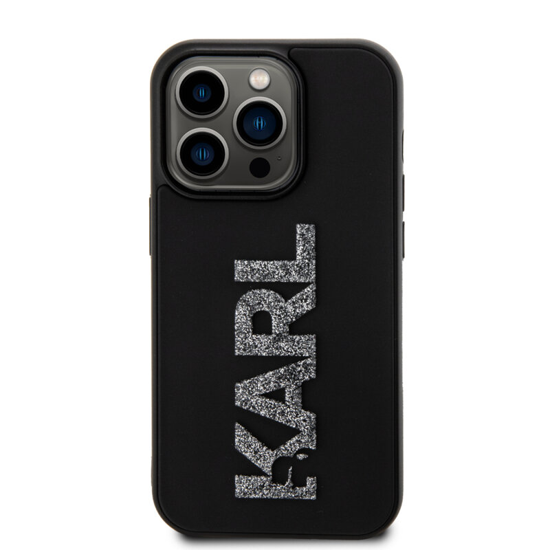 Husa originala iPhone 15 Pro Max Karl Lagerfeld 3D Design, Rubber Glitter Logo, negru, KLHCP15X3DMBKCK
