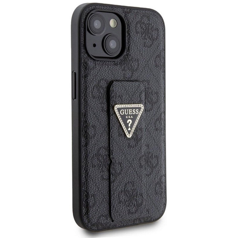 Husa iPhone 15 originala Guess Grip Stand 4G Triangle Strass, negru, GUHCP15SPGS4TDK