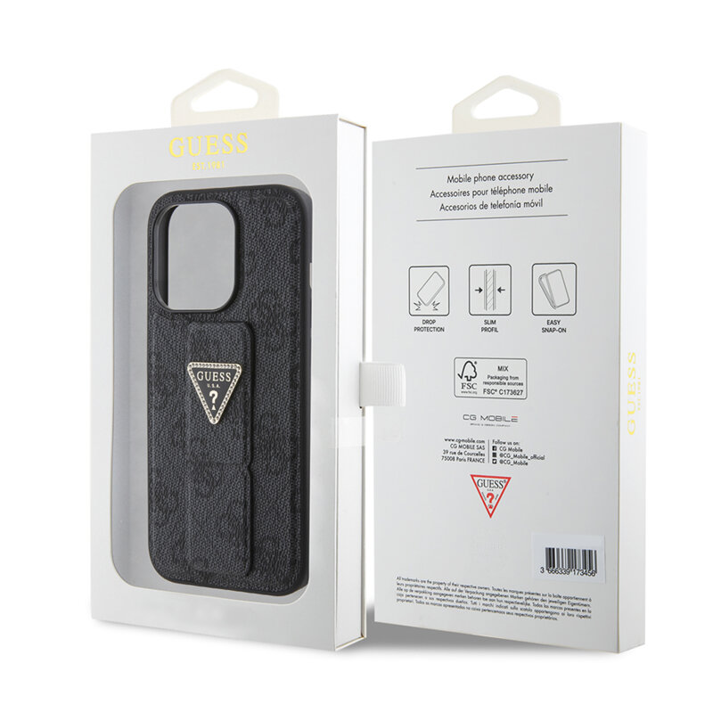 Husa iPhone 15 originala Guess Grip Stand 4G Triangle Strass, negru, GUHCP15SPGS4TDK