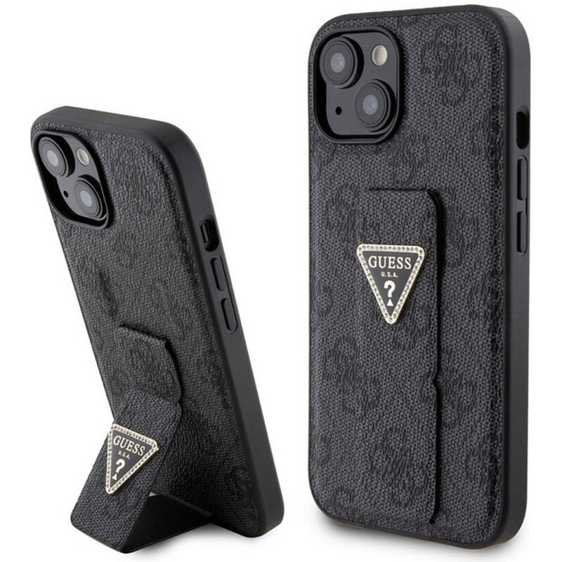 Husa iPhone 13 originala Guess Grip Stand 4G Triangle Strass, negru, GUHCP15SPGS4TDK