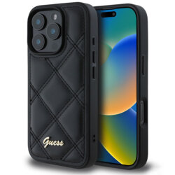 Husa originala Guess Quilted Metal Logo iPhone 16 Pro Max, negru, GUHCP16XPSQSQSK