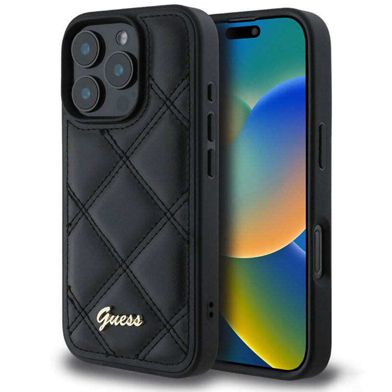 Husa originala Guess Quilted Metal Logo iPhone 16 Pro Max, negru, GUHCP16XPSQSQSK