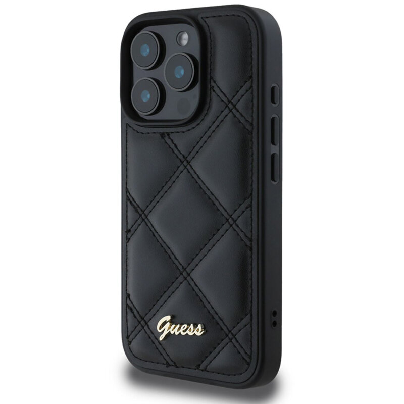 Husa originala Guess Quilted Metal Logo iPhone 16 Pro Max, negru, GUHCP16XPSQSQSK