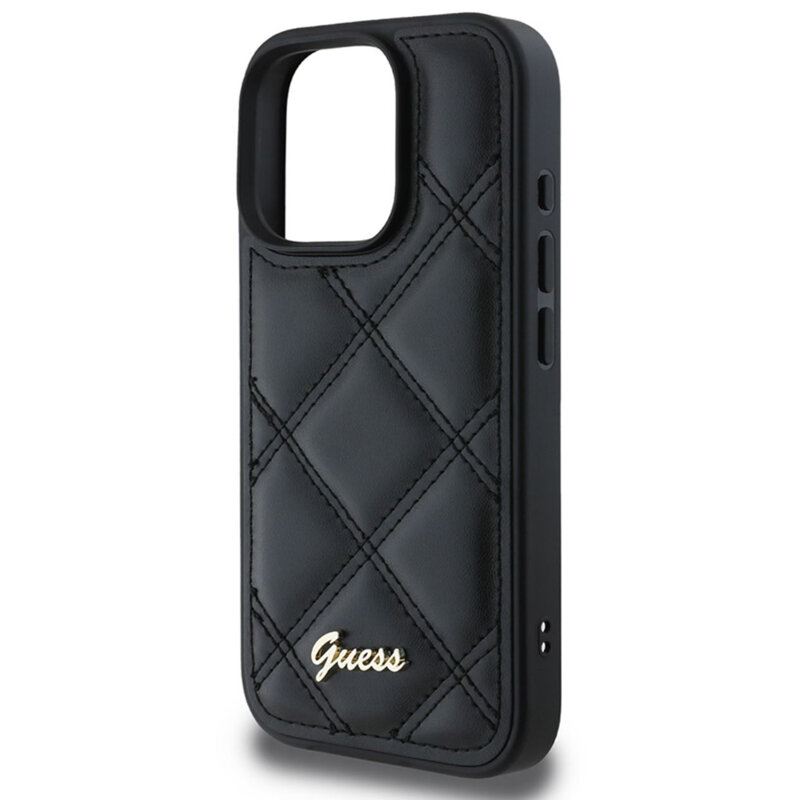 Husa originala Guess Quilted Metal Logo iPhone 16 Pro Max, negru, GUHCP16XPSQSQSK