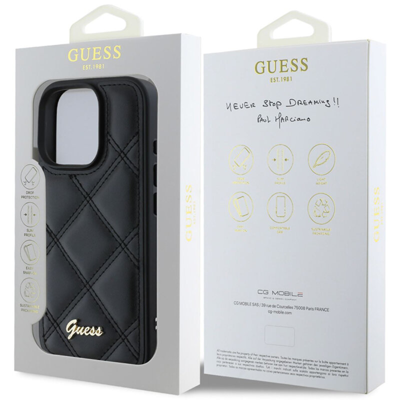 Husa originala Guess Quilted Metal Logo iPhone 16 Pro Max, negru, GUHCP16XPSQSQSK