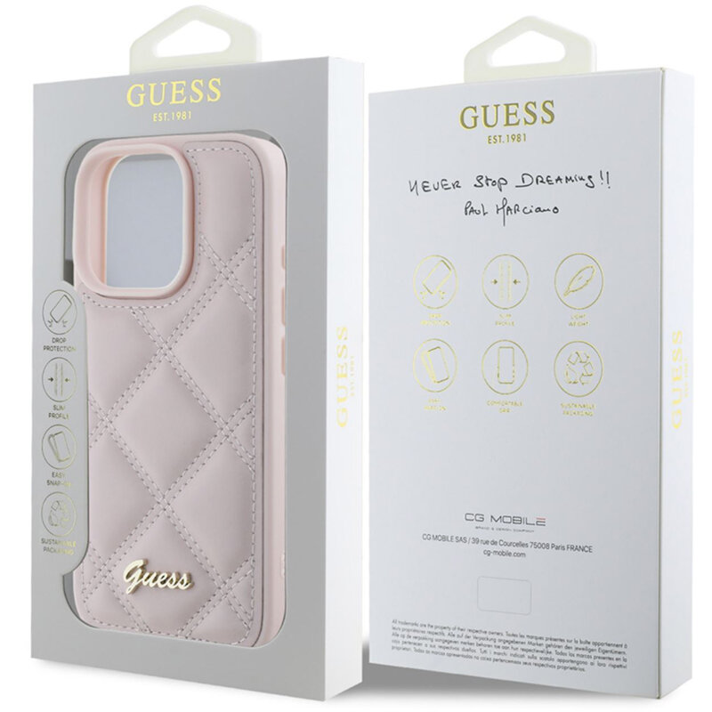 Husa originala Guess Quilted Metal Logo iPhone 16 Pro, roz, GUHCP16LPSQSQSP