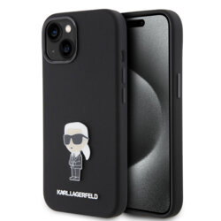 Husa Karl Lagerfeld iPhone 15 Silicone, Ikonik Metal Pin, negru, KLHCP15SSMHKNPK