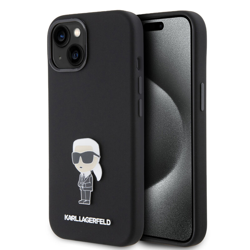 Husa Karl Lagerfeld iPhone 15 Silicone, Ikonik Metal Pin, negru, KLHCP15SSMHKNPK