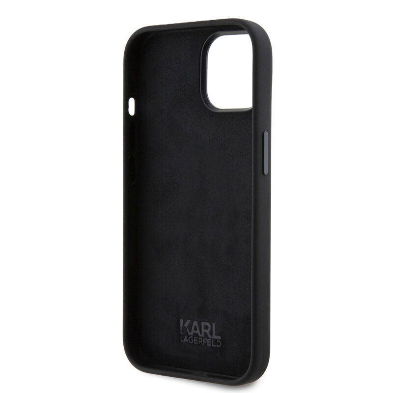 Husa Karl Lagerfeld iPhone 15 Silicone, Ikonik Metal Pin, negru, KLHCP15SSMHKNPK
