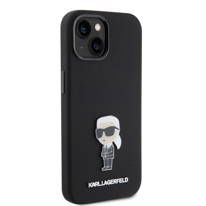 Husa Karl Lagerfeld iPhone 15 Silicone, Ikonik Metal Pin, negru, KLHCP15SSMHKNPK