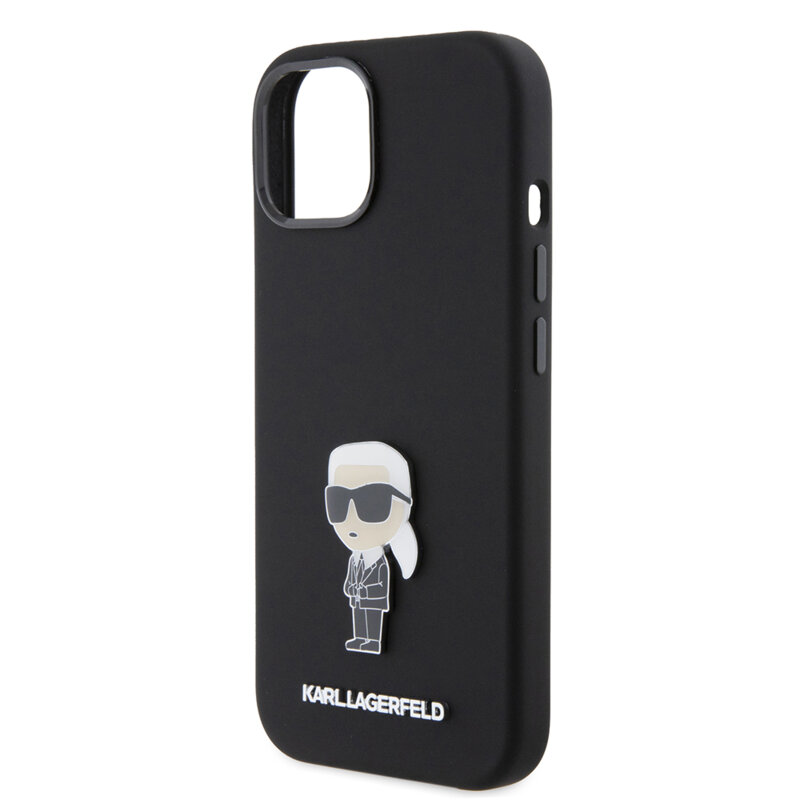 Husa Karl Lagerfeld iPhone 15 Silicone, Ikonik Metal Pin, negru, KLHCP15SSMHKNPK