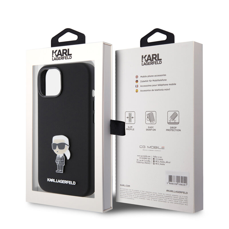 Husa Karl Lagerfeld iPhone 15 Silicone, Ikonik Metal Pin, negru, KLHCP15SSMHKNPK