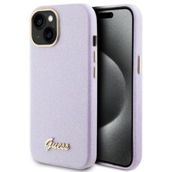 Husa Guess Glitter Glossy Script iPhone 15 cu sclipici, violet, GUHCP15SPGMCSL
