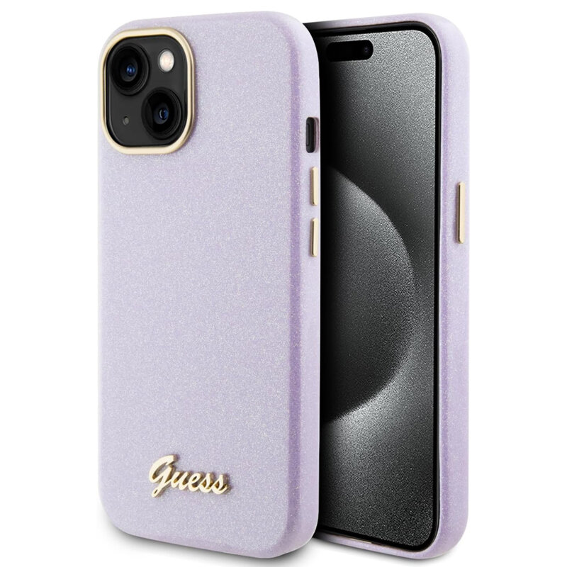 Husa Guess Glitter Glossy Script iPhone 15 cu sclipici, violet, GUHCP15SPGMCSL