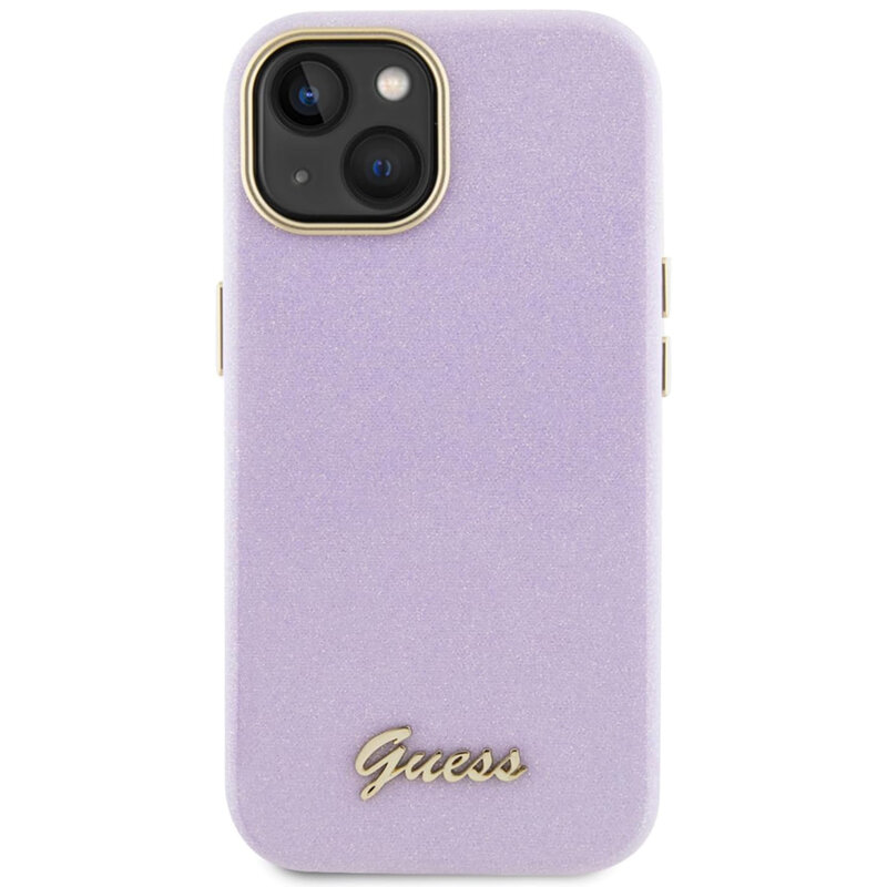 Husa Guess Glitter Glossy Script iPhone 15 cu sclipici, violet, GUHCP15SPGMCSL