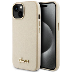 Husa Guess Glitter Glossy Script iPhone 15 cu sclipici, bej, GUHCP15SPGMCSD