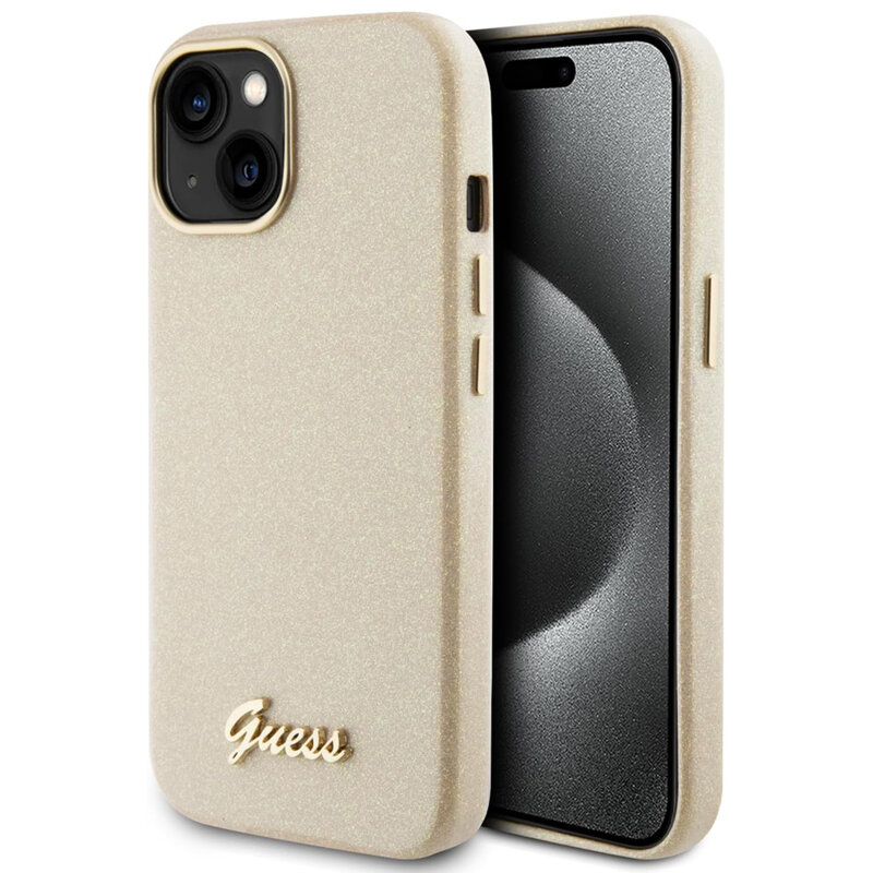 Husa Guess Glitter Glossy Script iPhone 15 cu sclipici, bej, GUHCP15SPGMCSD