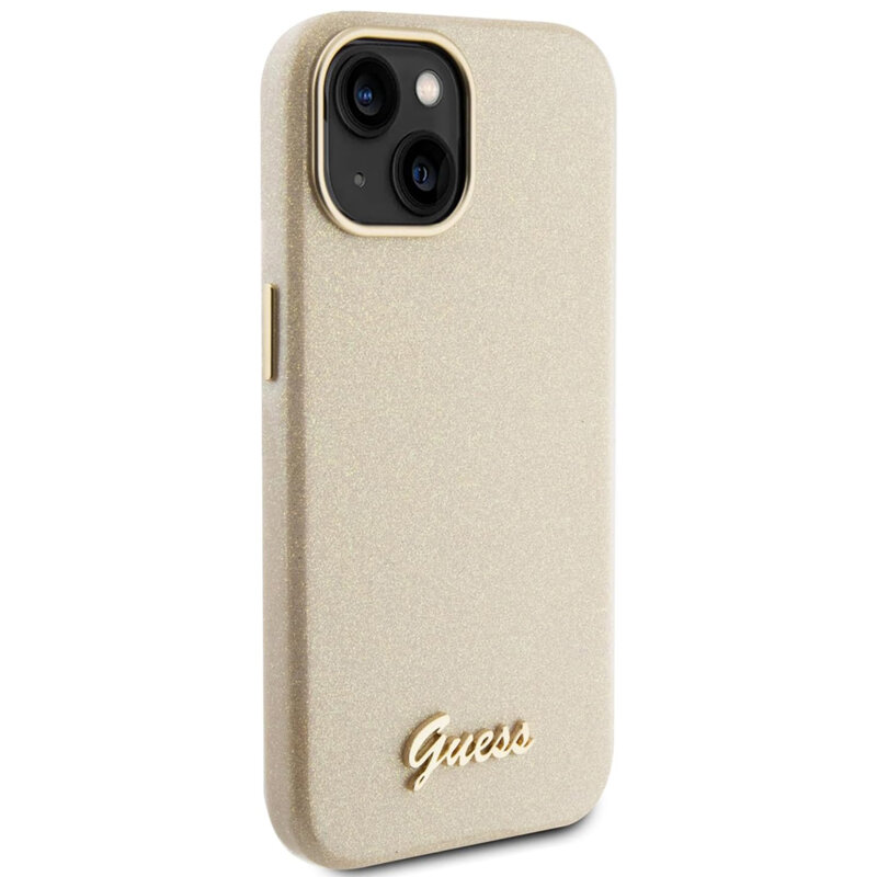 Husa Guess Glitter Glossy Script iPhone 15 cu sclipici, bej, GUHCP15SPGMCSD