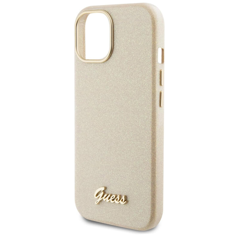 Husa Guess Glitter Glossy Script iPhone 15 cu sclipici, bej, GUHCP15SPGMCSD