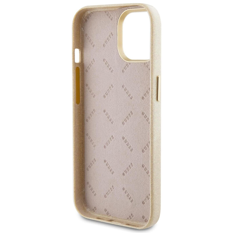 Husa Guess Glitter Glossy Script iPhone 15 cu sclipici, bej, GUHCP15SPGMCSD